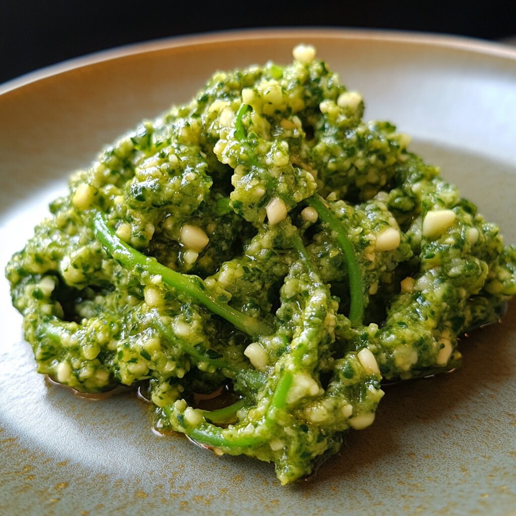 Garlic Scape Pesto (For Garlic Lovers!) presented in natural light with a homemade look