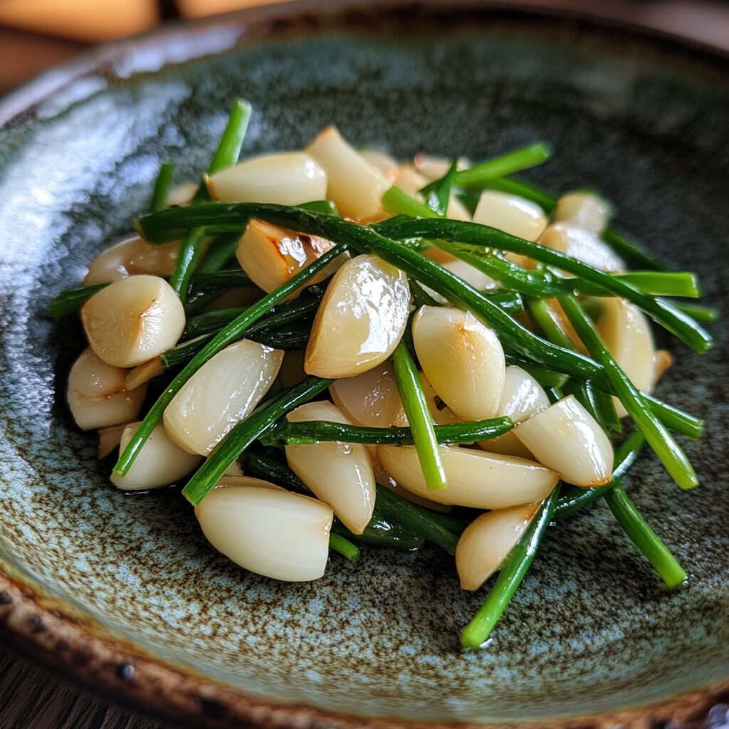 Garlic Scape Stir Fry presented in natural light with a homemade look