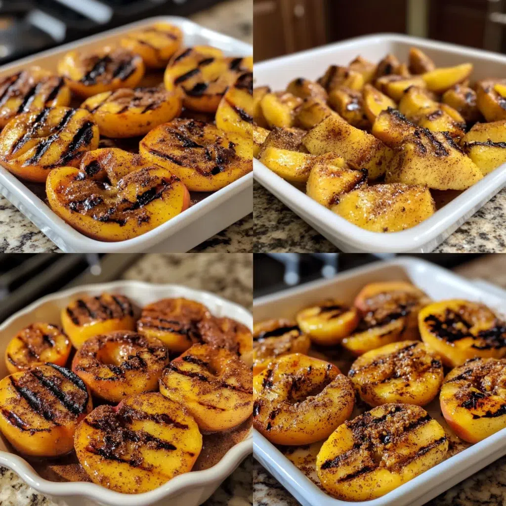 Grilled Peaches with Cinnamon and Brown Sugar in a homemade serving dish with a fresh, appetizing finish