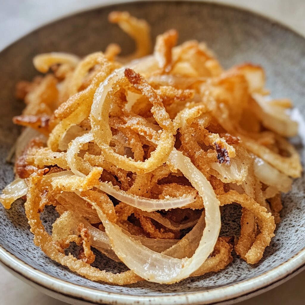 Homemade Crispy Onion Strings (French Fried Onions) Recipe presented in natural light with a homemade look