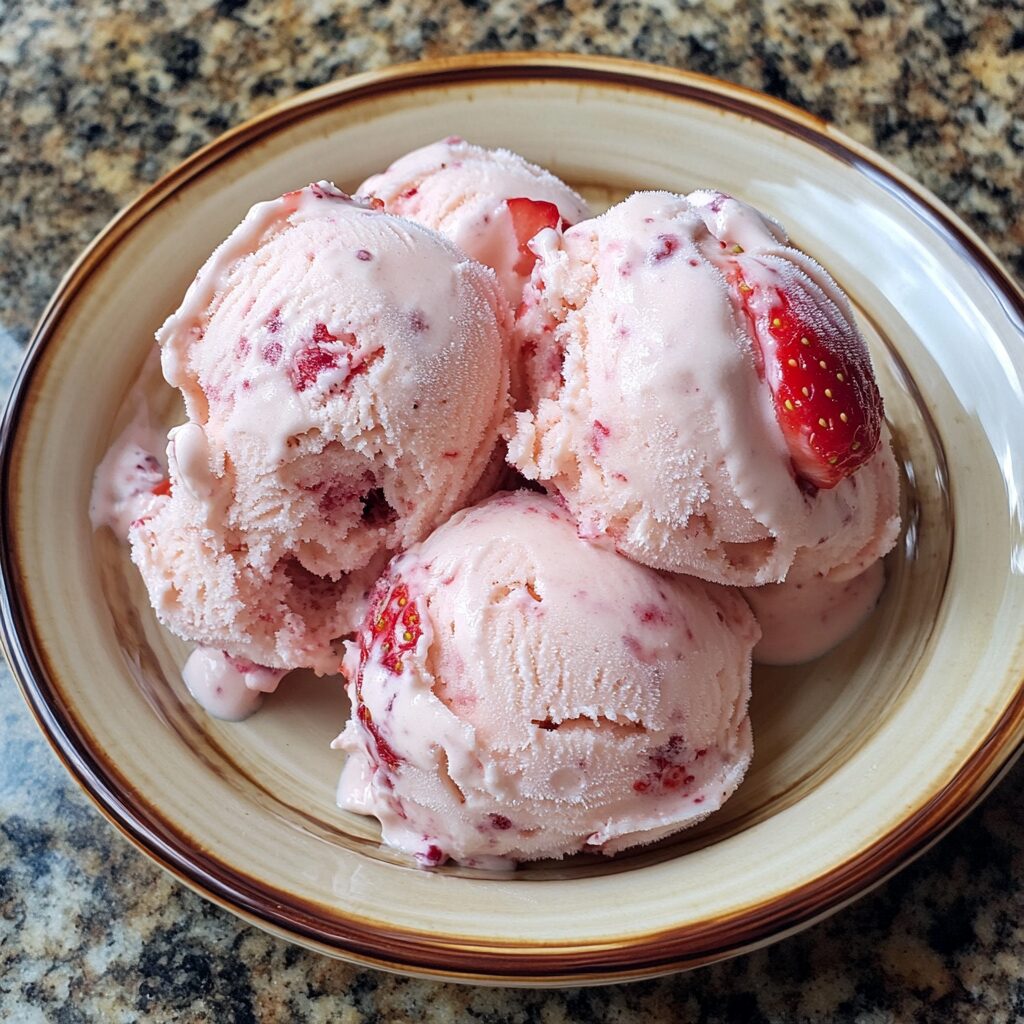 Homemade Strawberry Ice Cream presented in natural light with a homemade look