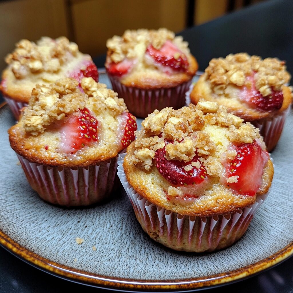 Irresistible Strawberry Muffins With Crumble Topping presented in natural light with a homemade look