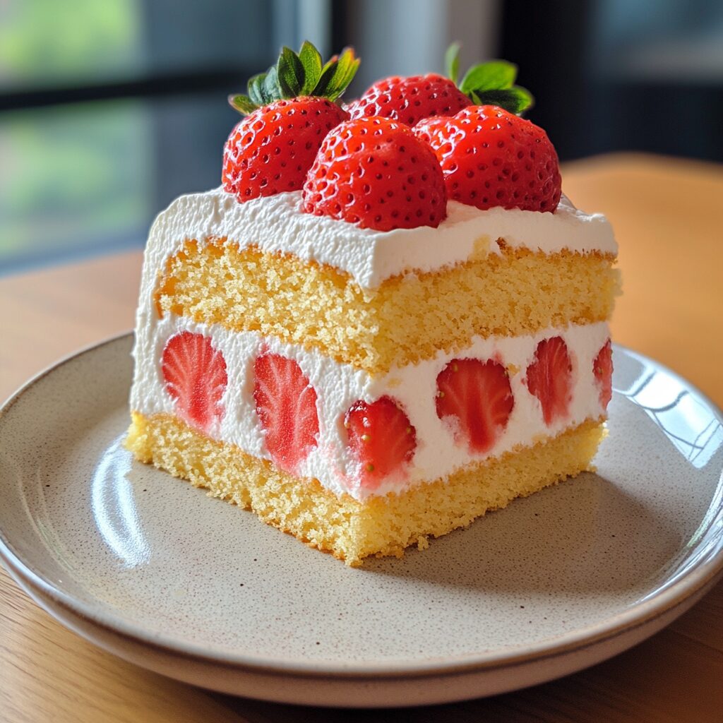 Japanese Strawberry Sponge Cake (Strawberry Shortcake) presented in natural light with a homemade look