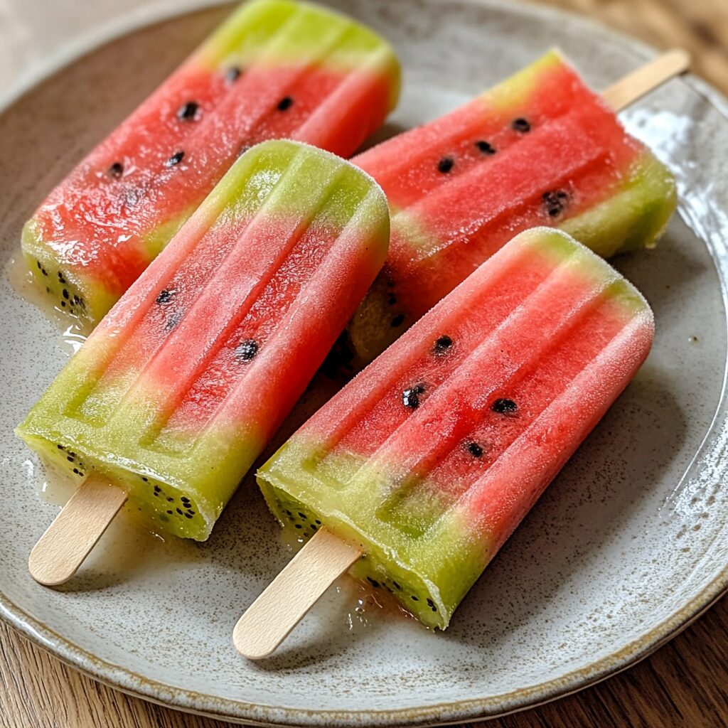 Kiwi Watermelon Fruit Popsicles presented in natural light with a homemade look