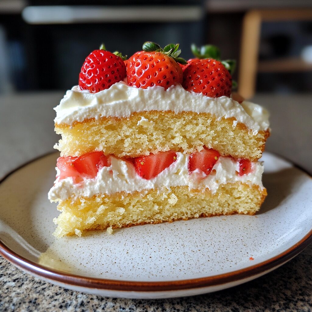 Moist Strawberry Vanilla Cake with Whipped Cream presented in natural light with a homemade look