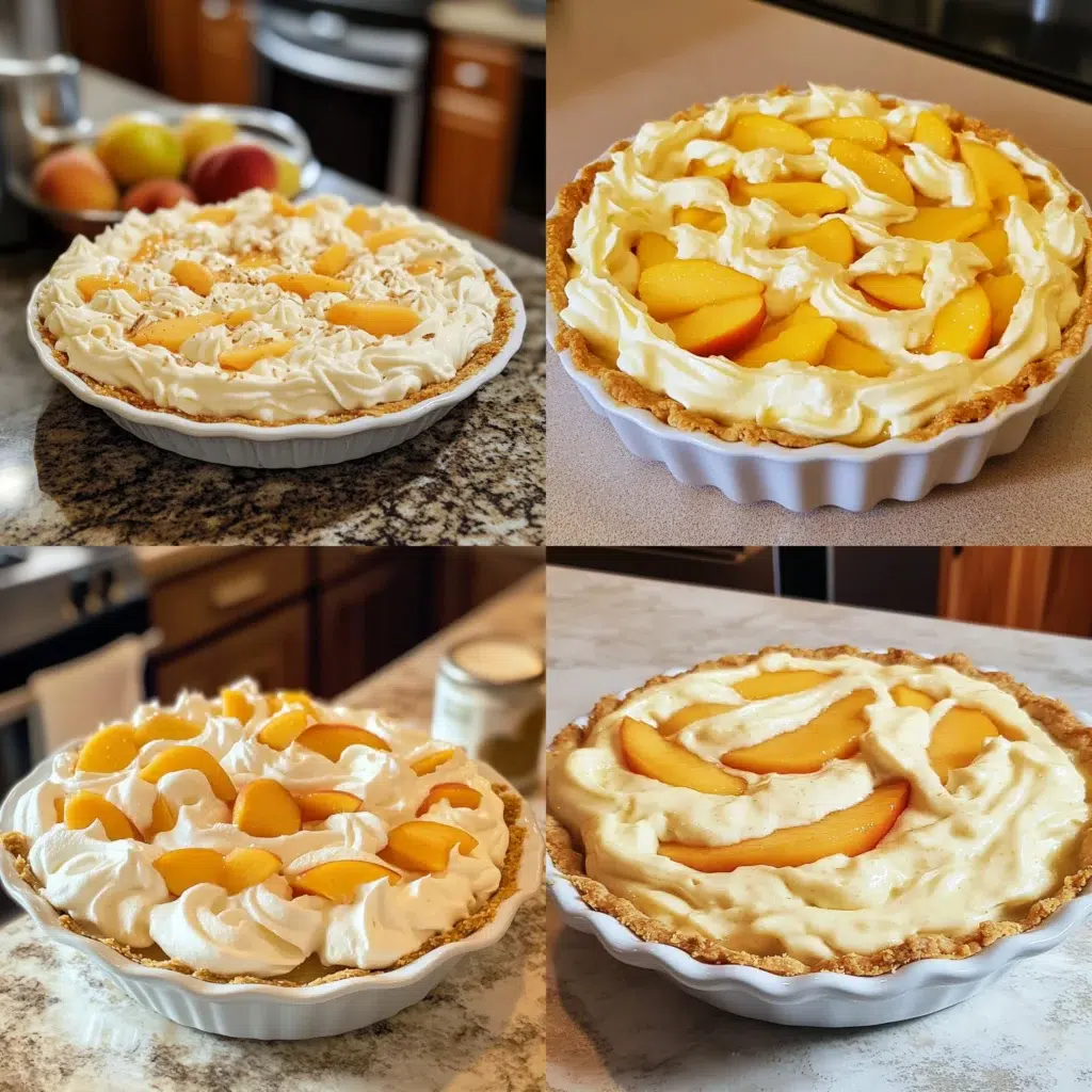No Bake Peach Cream Pie in a homemade serving dish with a fresh, appetizing finish