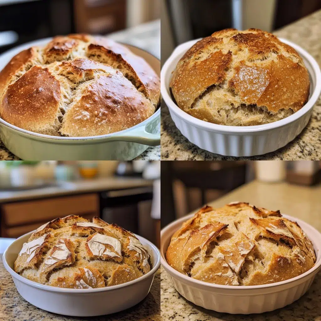 No Knead Whole Wheat Dutch Oven Bread in a homemade serving dish with a fresh, appetizing finish