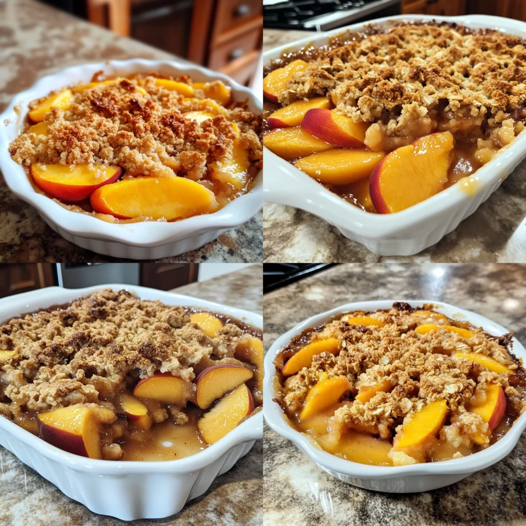 Peach Crisp in a homemade serving dish with a fresh, appetizing finish
