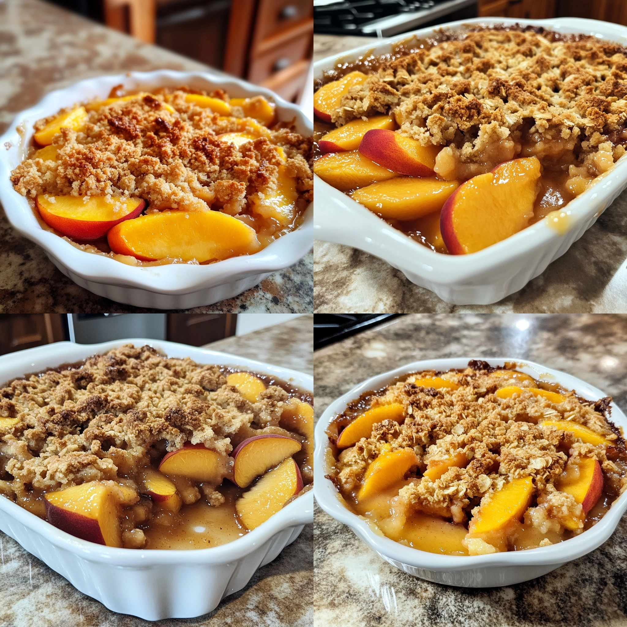 Peach Crisp in a homemade serving dish with a fresh, appetizing finish