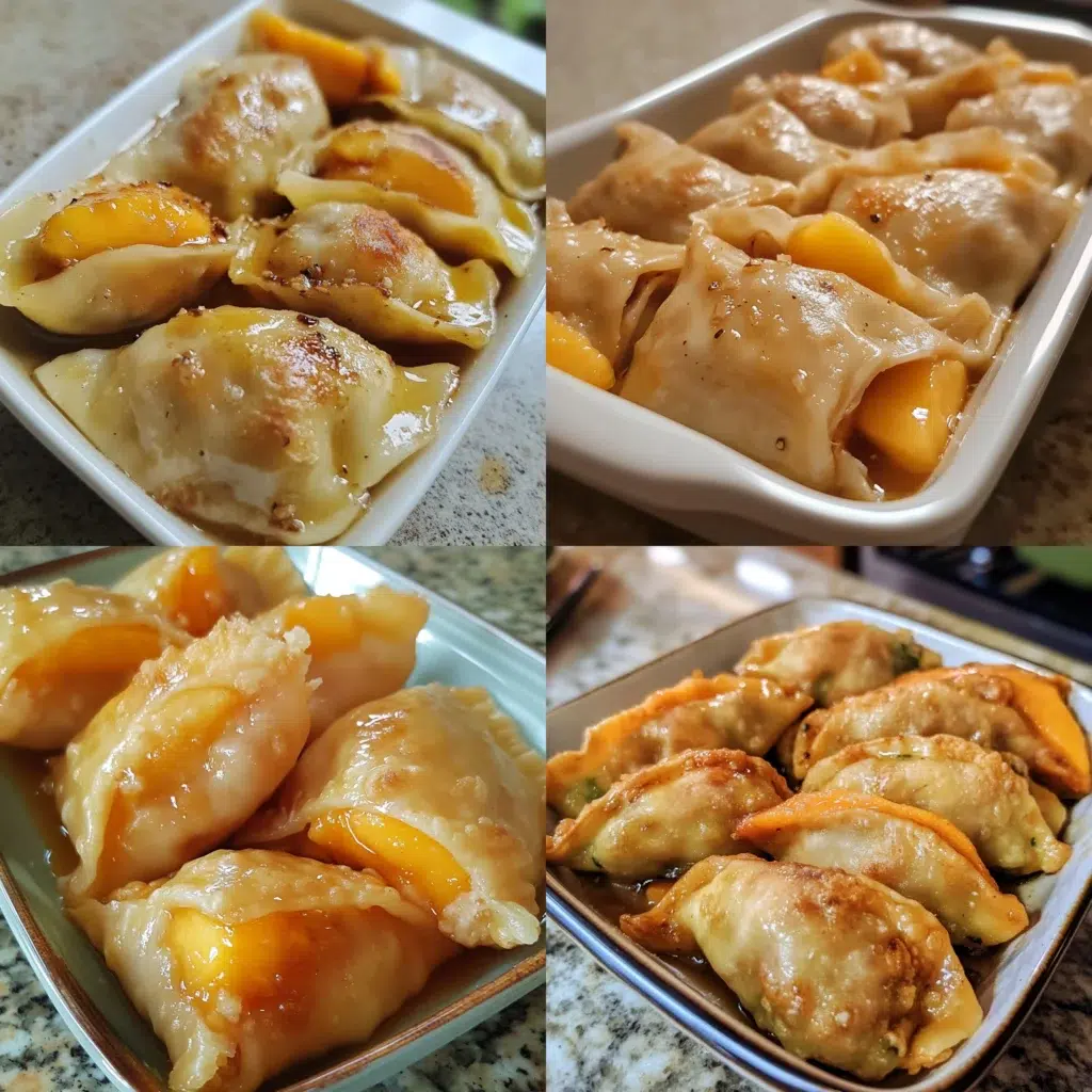 Peach Dumplings in a homemade serving dish with a fresh, appetizing finish