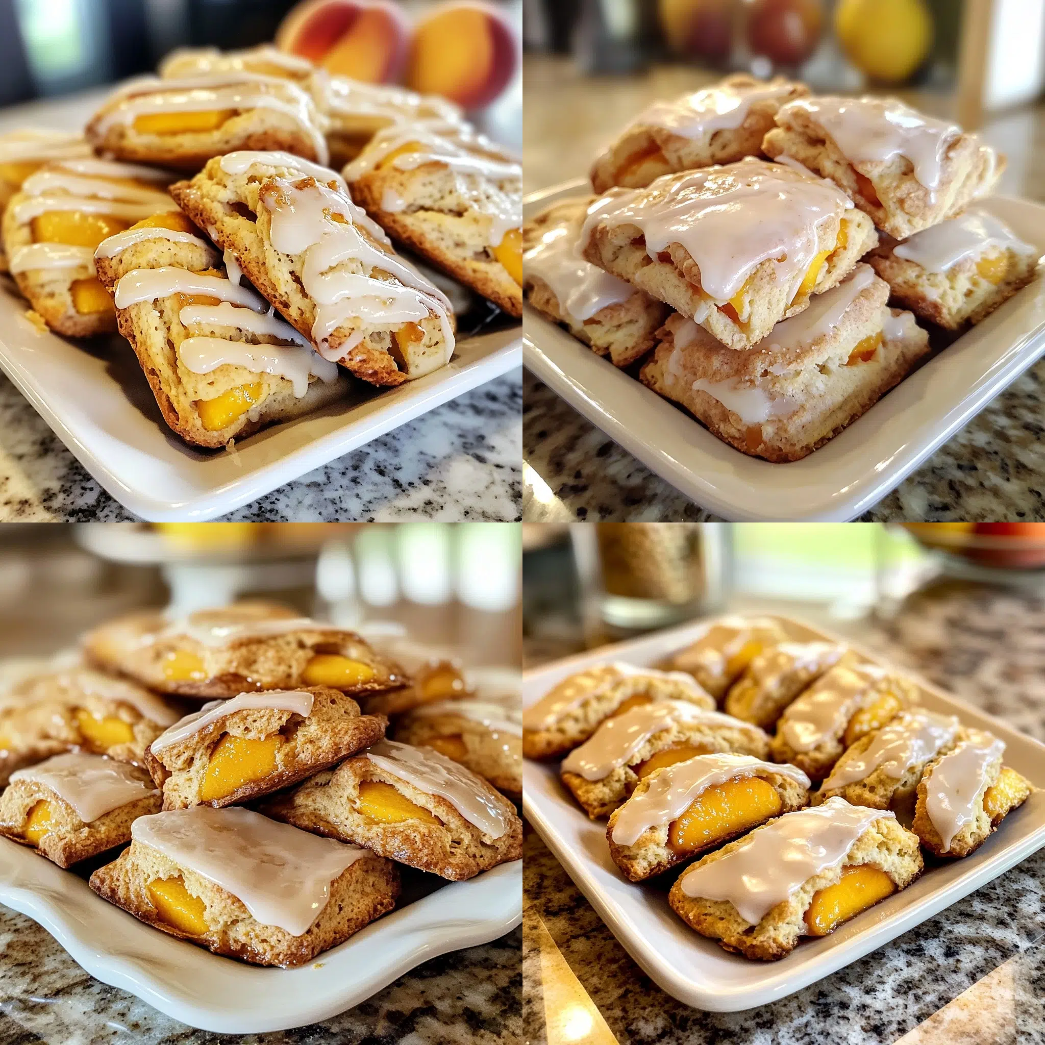 Peach Pie Scones with a Vanilla Glaze in a homemade serving dish with a fresh, appetizing finish