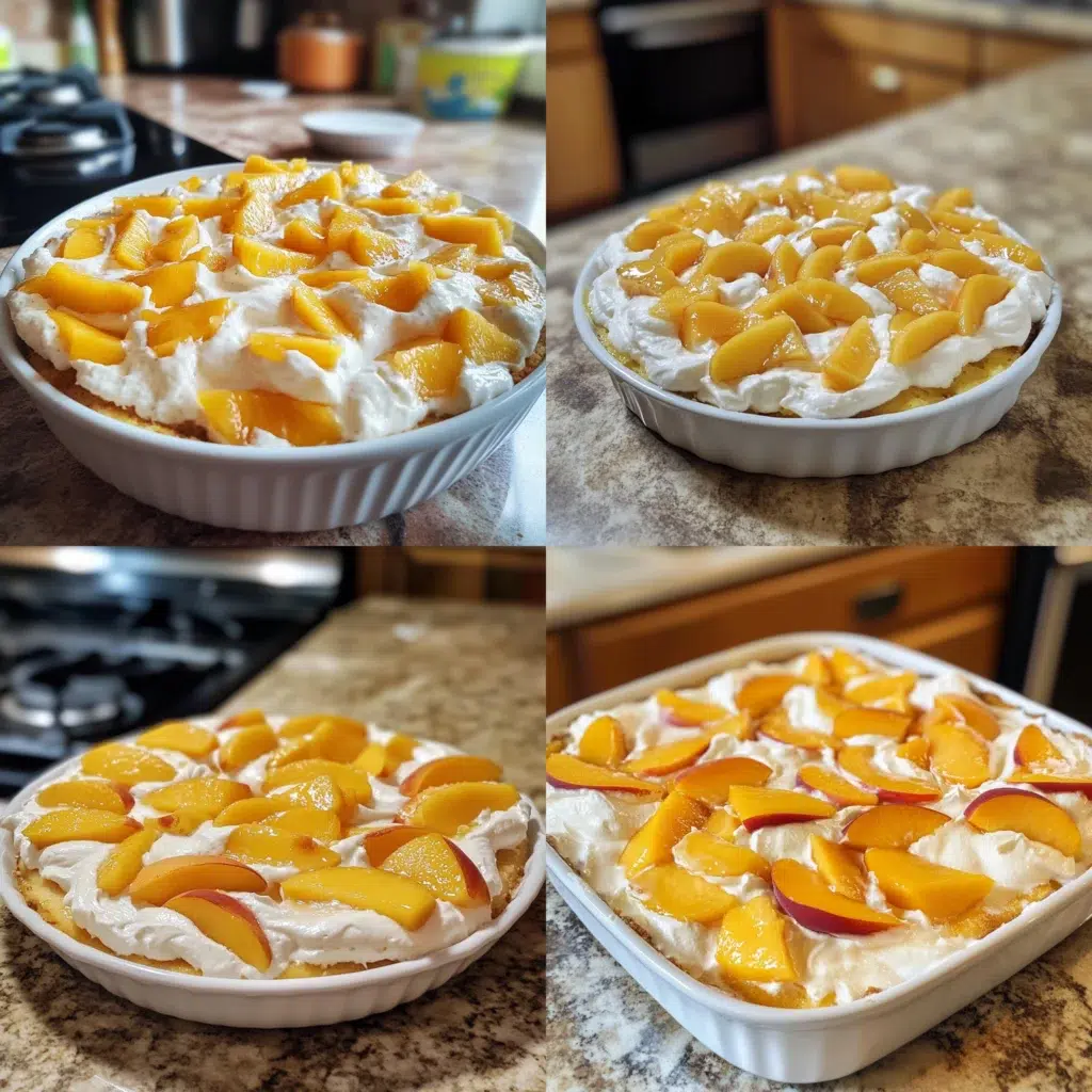 Peaches and Cream Cake in a homemade serving dish with a fresh, appetizing finish