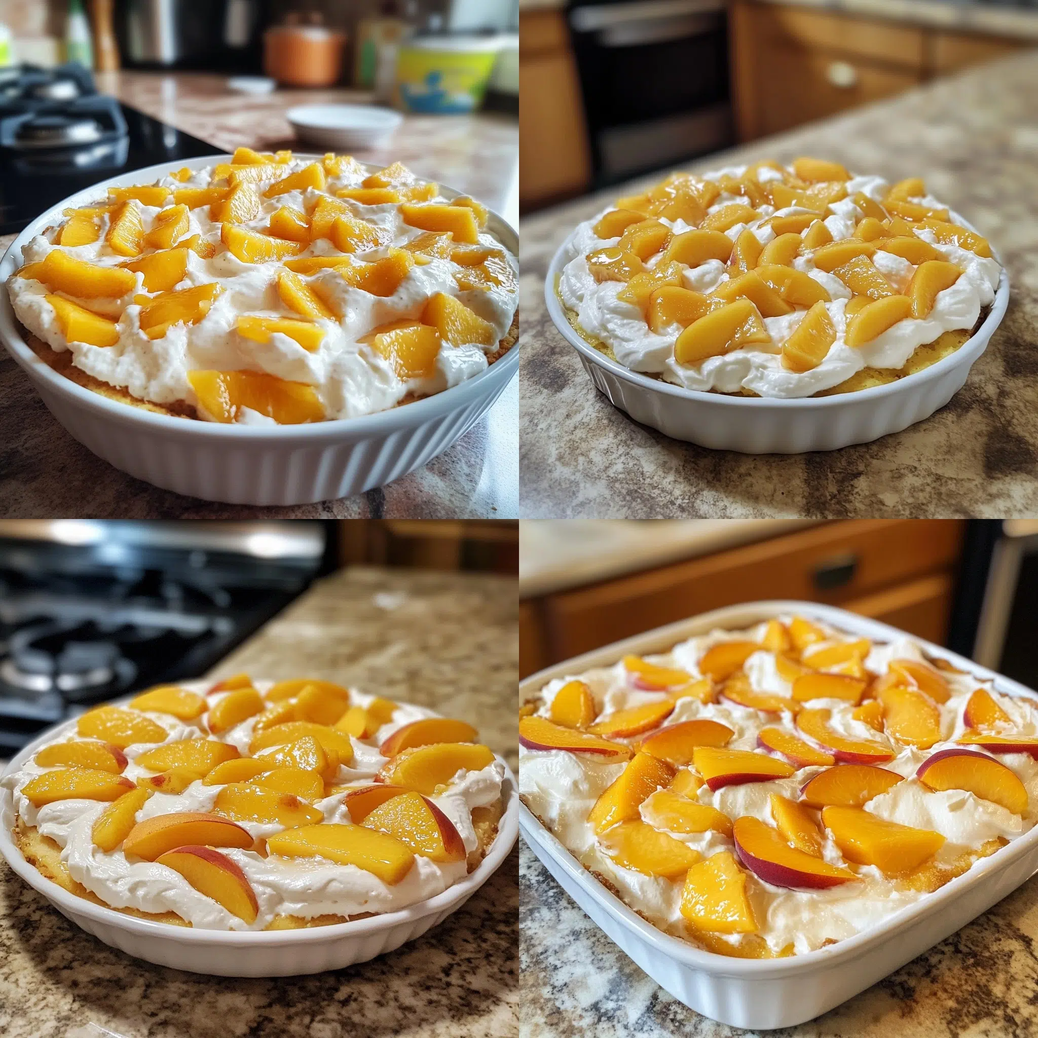 Peaches and Cream Cake in a homemade serving dish with a fresh, appetizing finish