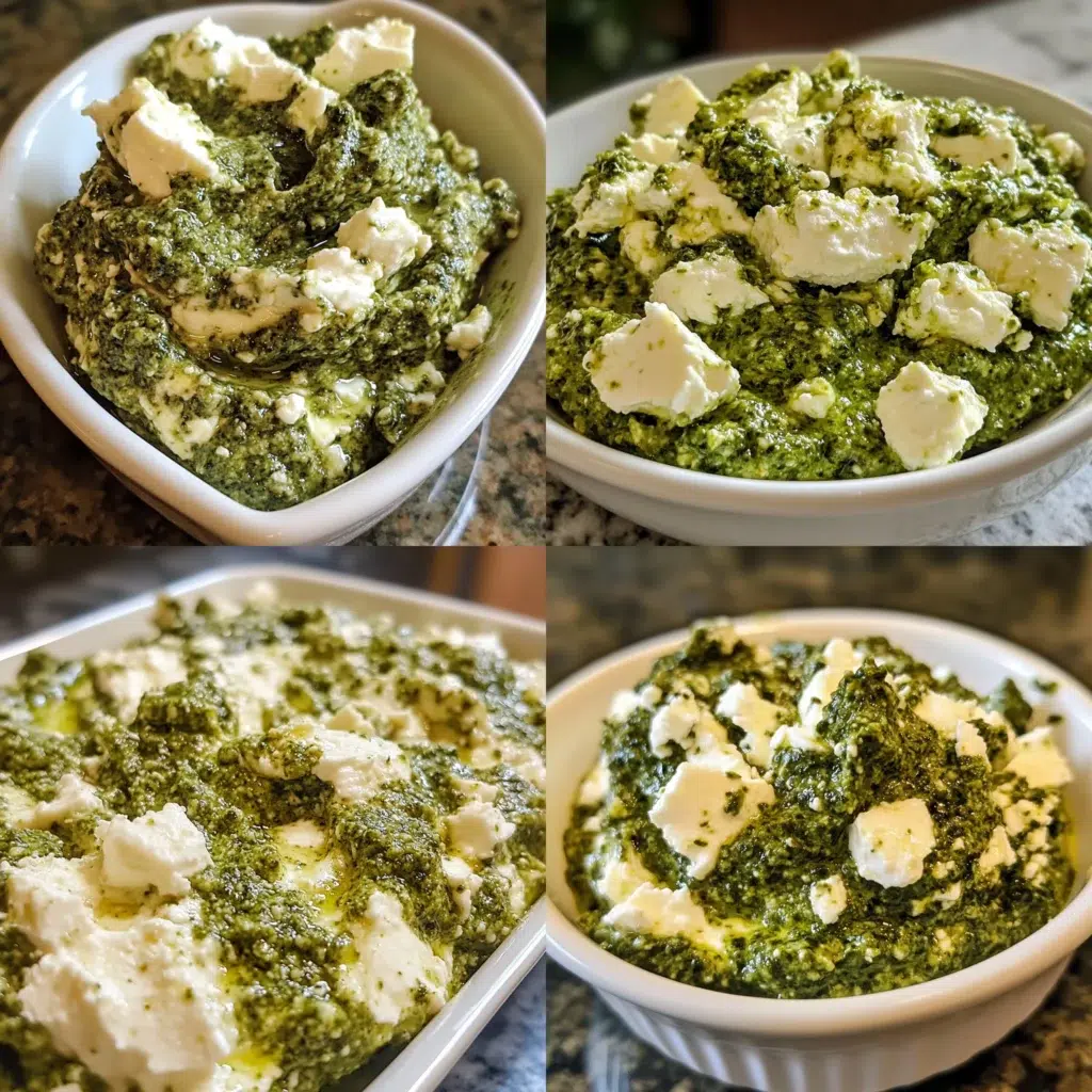 Pesto Whipped Feta Dip in a homemade serving dish with a fresh, appetizing finish