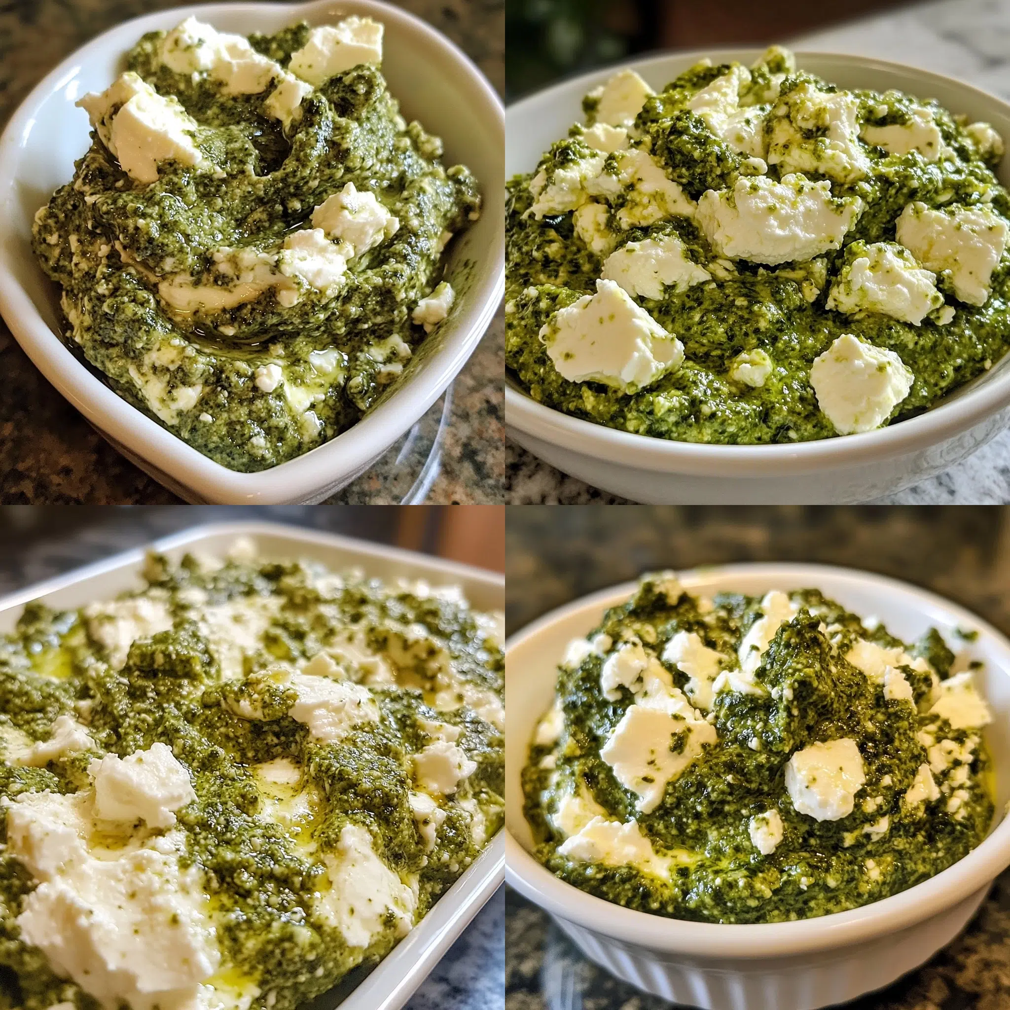 Pesto Whipped Feta Dip in a homemade serving dish with a fresh, appetizing finish