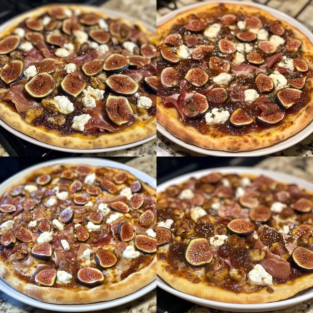 Quick Homemade Fig Jam Pizza with Goat Cheese and Prosciutto in a homemade serving dish with a fresh, appetizing finish