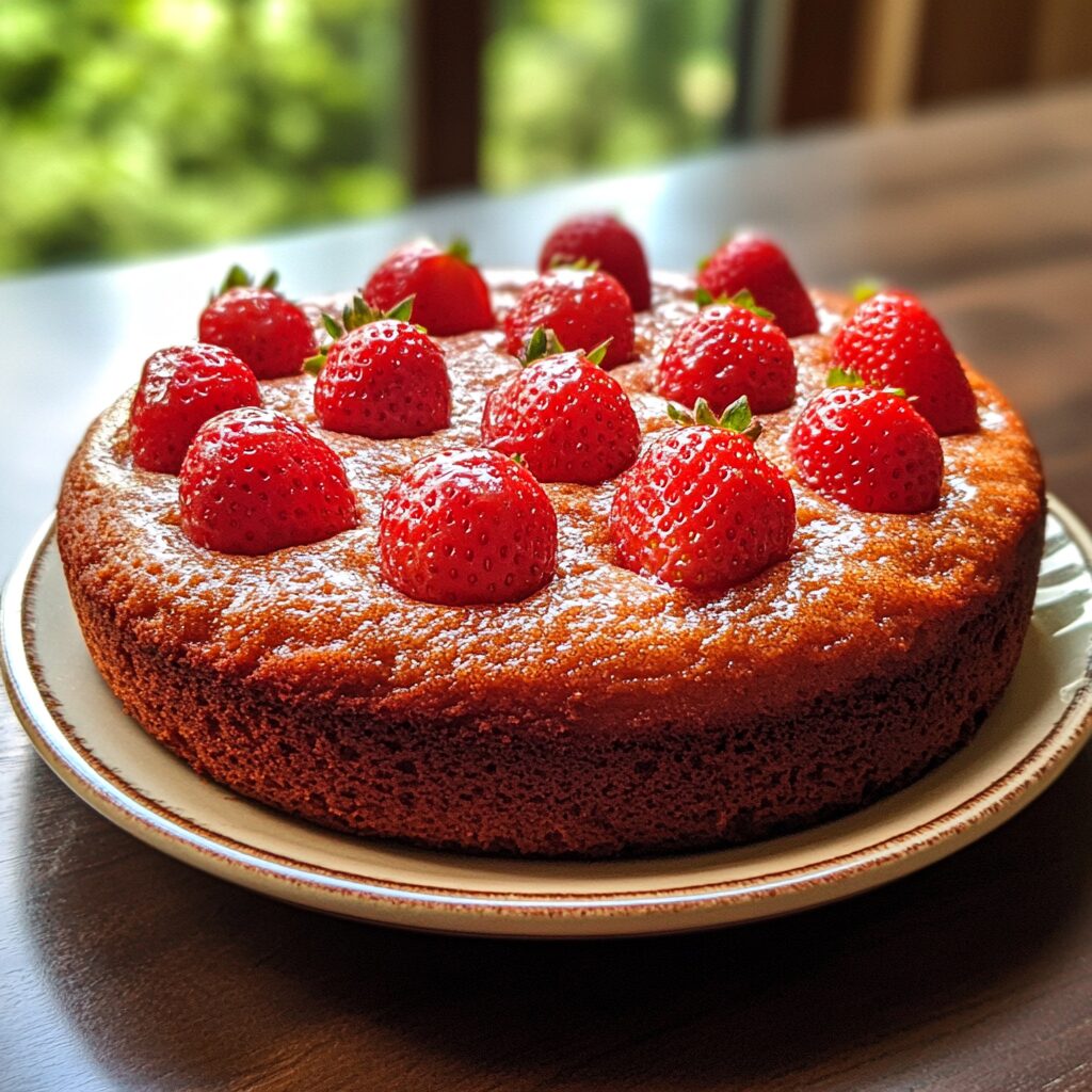 Strawberry Cake presented in natural light with a homemade look