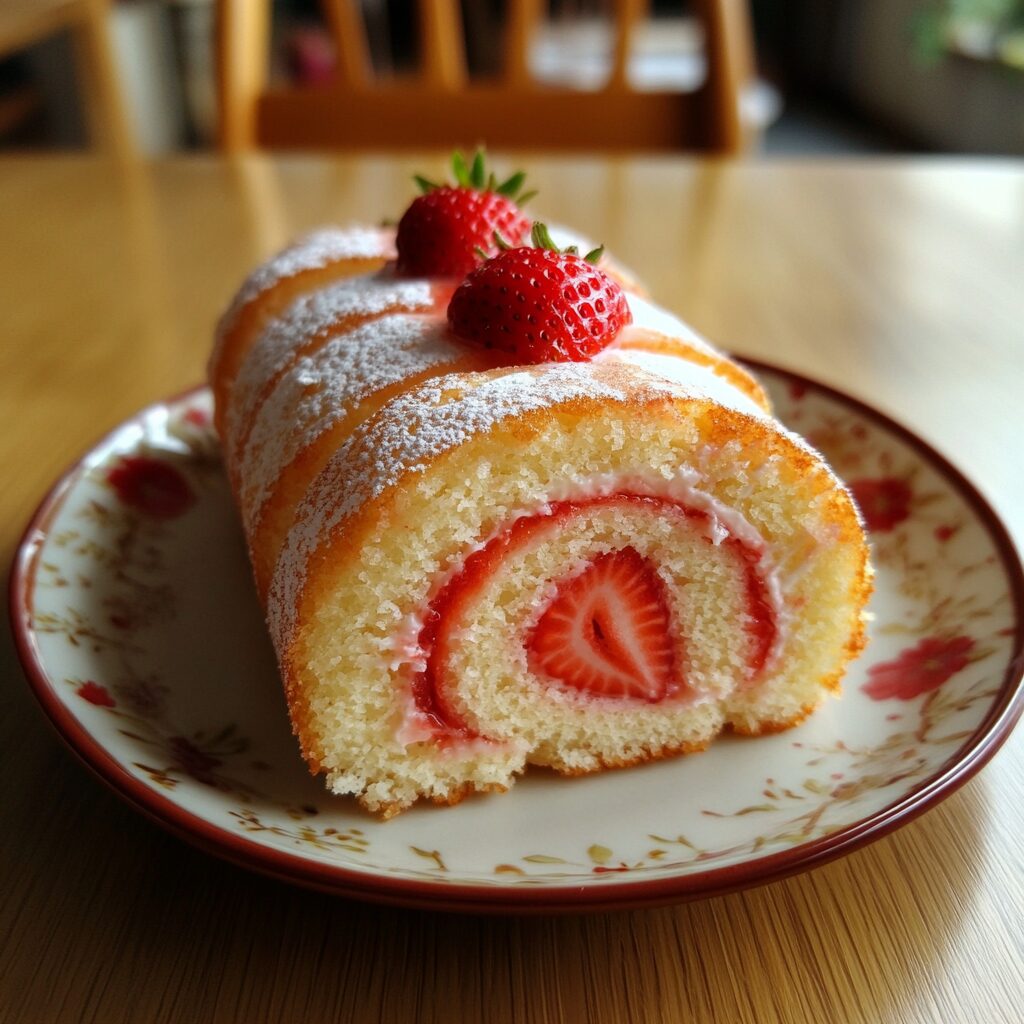 Strawberry Roll Cake presented in natural light with a homemade look