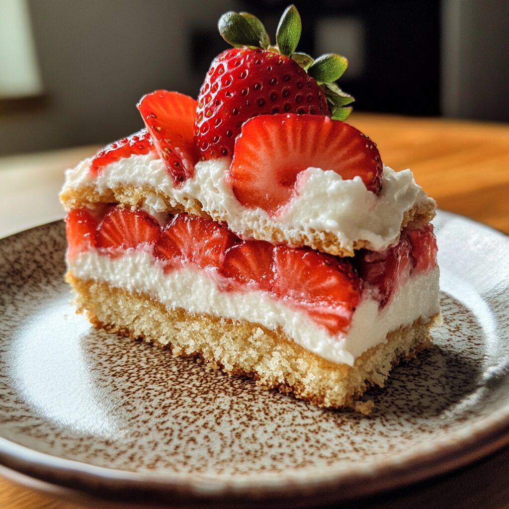 Strawberry Shortcake Layered Slice presented in natural light with a homemade look