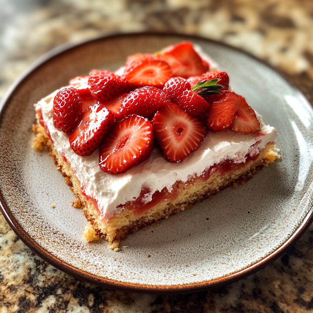 Strawberry Shortcake Sheet Cake presented in natural light with a homemade look