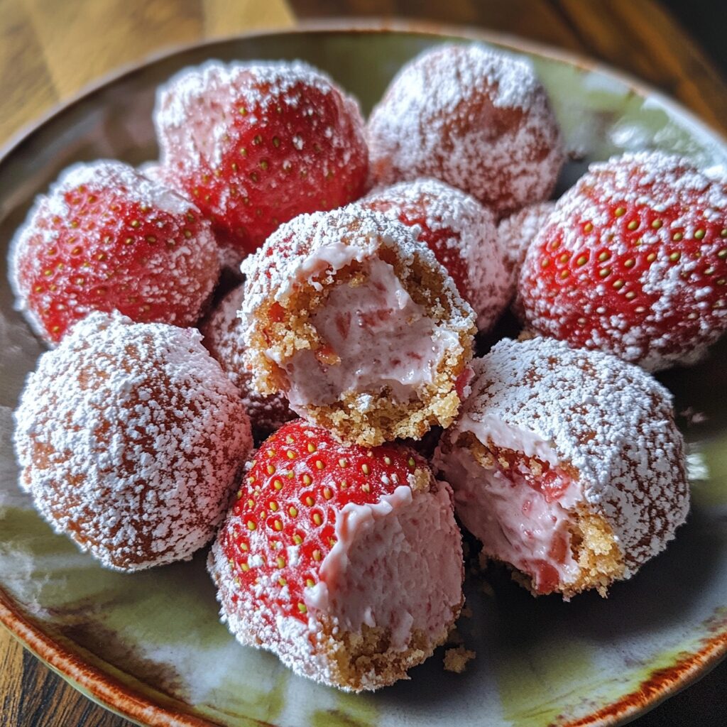 Strawberry Shortcake Truffles presented in natural light with a homemade look