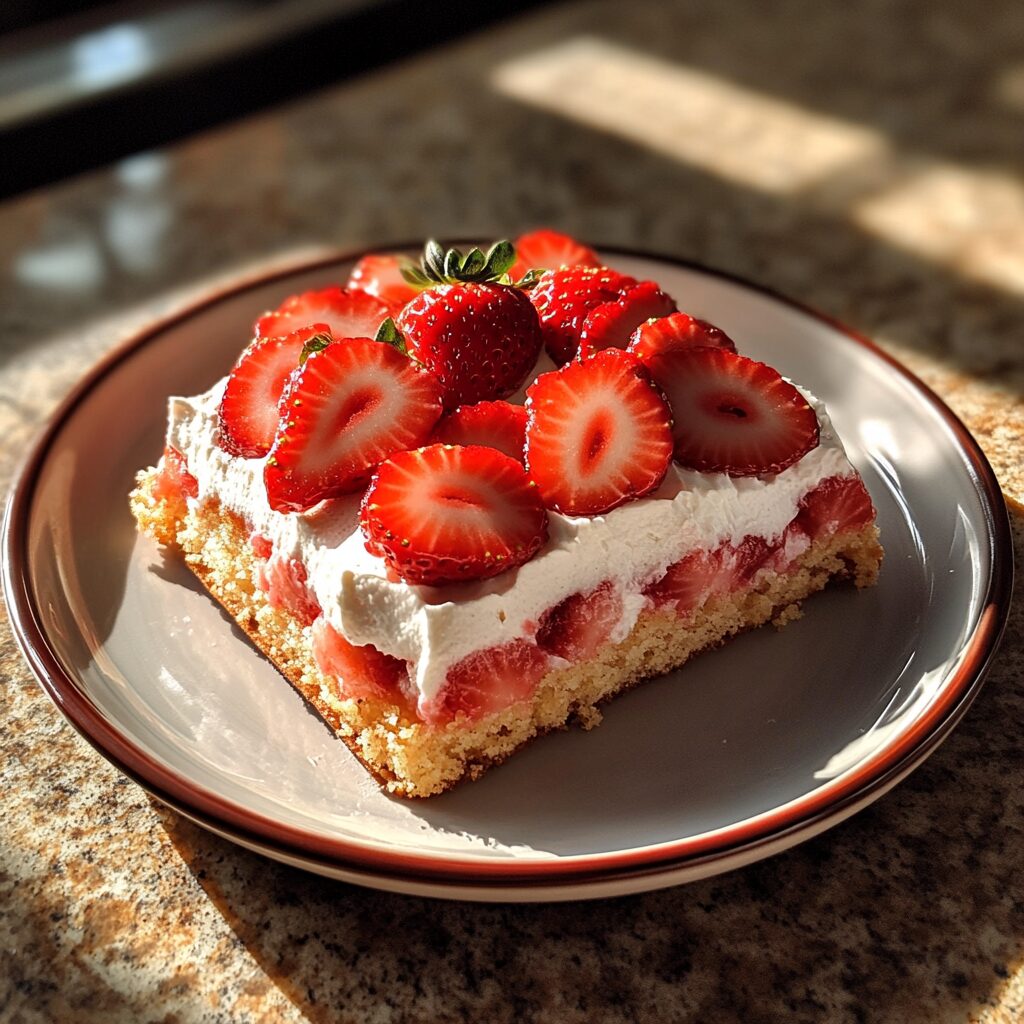 Strawberry Shortcake cake presented in natural light with a homemade look