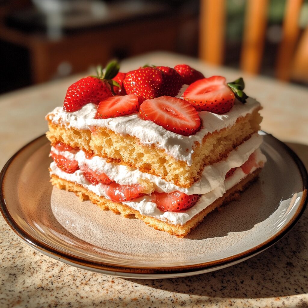 Strawberry Shortcake with Sponge Cake presented in natural light with a homemade look