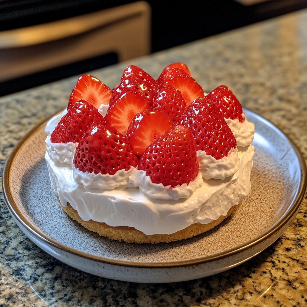 Strawberry Whipped Cream Cake presented in natural light with a homemade look
