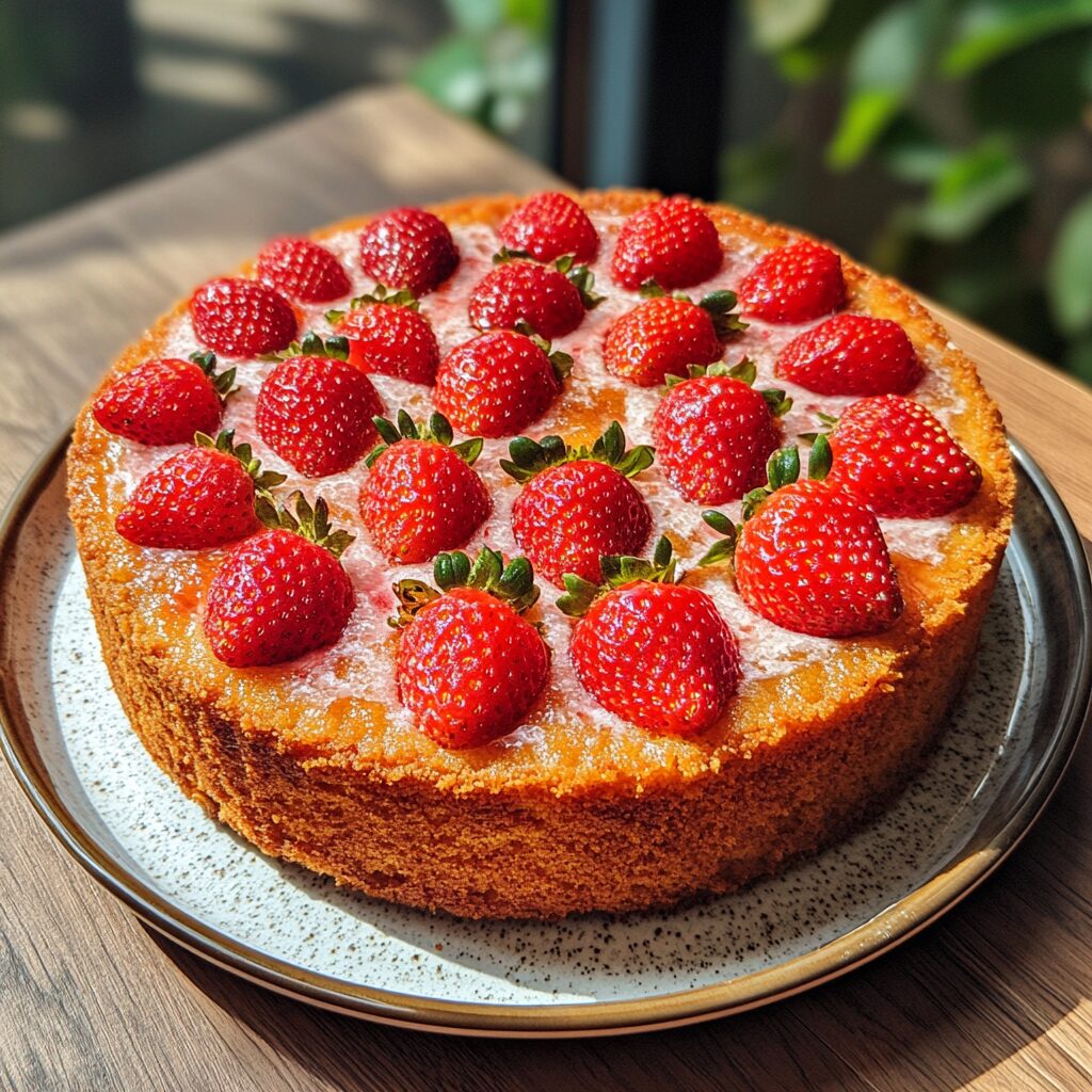 Strawberry baked cake whimsical strawberry cute design presented in natural light with a homemade look