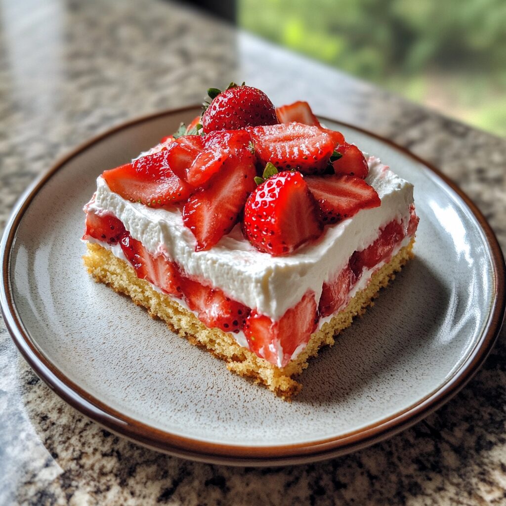 The Best Strawberry Shortcake Cake presented in natural light with a homemade look