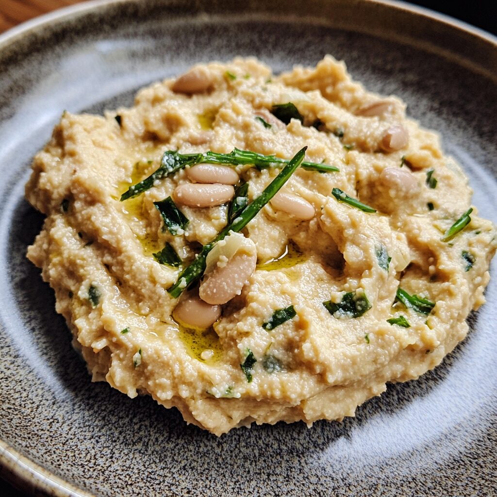 White Bean and Garlic Scape Dip presented in natural light with a homemade look